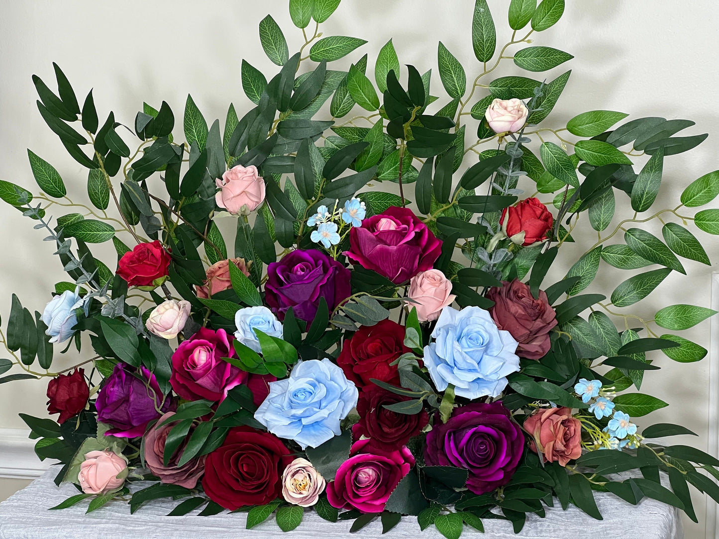 Jewel Tones Floor Arrangement Free Standing Purple Wedding Aisle Sweetheart Burgundy Blue Pink Dusty Fuchsia Artificial Flower 25"Wx20"H