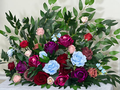 Jewel Tones Floor Arrangement Free Standing Purple Wedding Aisle Sweetheart Burgundy Blue Pink Dusty Fuchsia Artificial Flower 25"Wx20"H