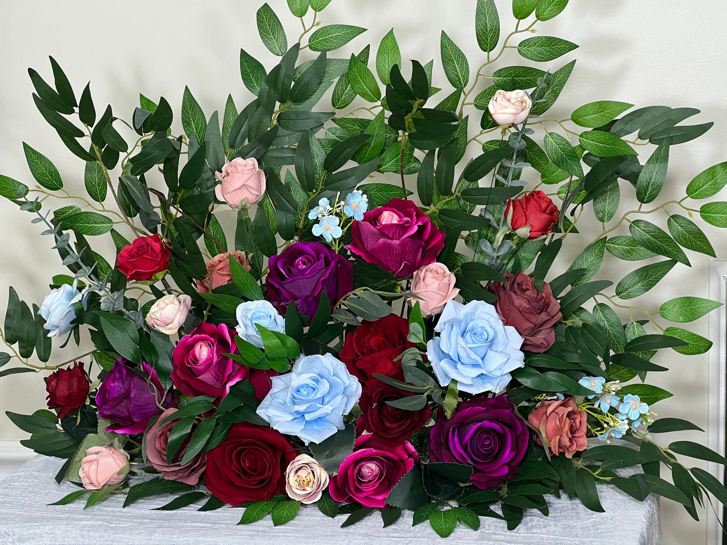 Jewel Tones Floor Arrangement Free Standing Purple Wedding Aisle Sweetheart Burgundy Blue Pink Dusty Fuchsia Artificial Flower 25"Wx20"H