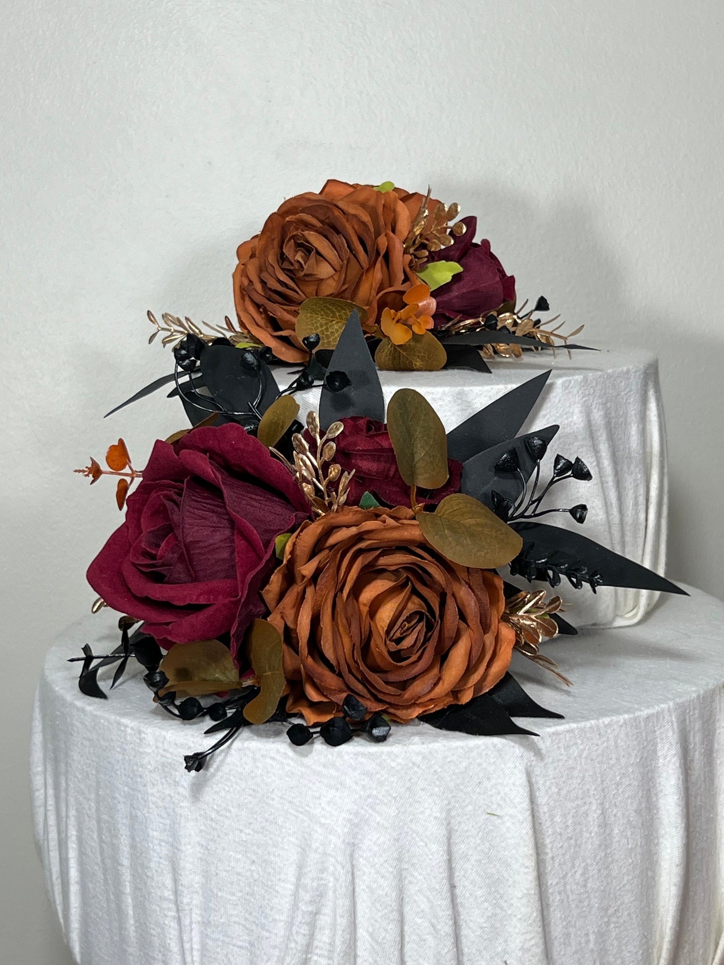 Cake Decoration Burgundy Wedding Topper Decor Black Cake Arrangements Wedding Gold Rust Decoration Brown Cinnamon Artificial Flowers