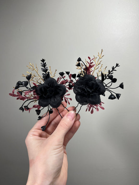 Black Hair Pin Wedding Burgundy Flower Girl Headpiece Gothic Floral Bridesmaids Hair Pin Black Accessories Hair Pin Gold Artificial Flowers