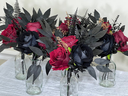 Black Centerpiece 3 Flowers Wedding Gothic Table Decor Burgundy Small Centerpiece Black Gold Centerpiece Table Decor Burgundy Artifical