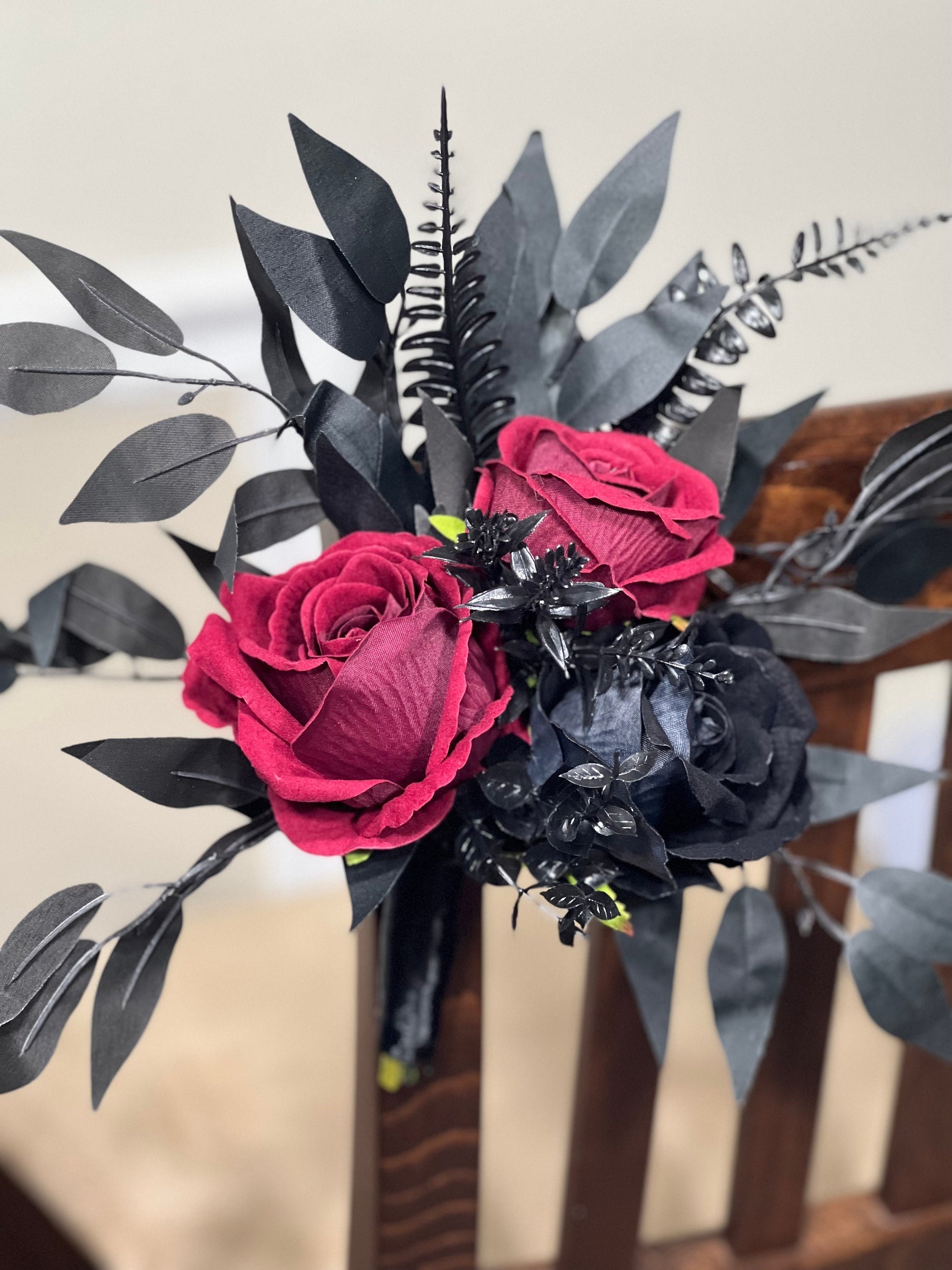 Black Pew Decor Wedding Burgundy Aisle Flowers Black Aisle Arrangement Wedding Chair Decor Ceremony Decoration Gothic Artificial Flower