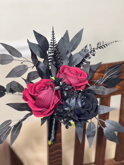Black Pew Decor Wedding Burgundy Aisle Flowers Black Aisle Arrangement Wedding Chair Decor Ceremony Decoration Gothic Artificial Flower