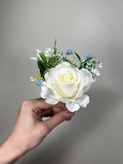 White Boutonniere Wedding Groom Ivory Groomsmen Boutonnière Ivory Artificial Flowers Eucalyptus Blue White Rose Classic Boutonniere Blue