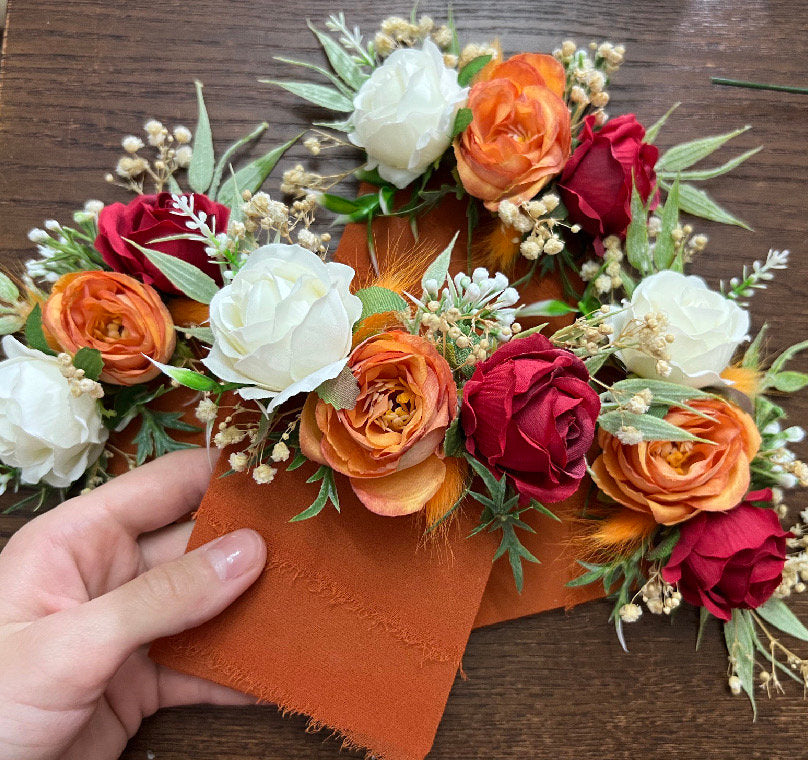 Burnt Orange Pocket Boutonniere, Fall Wedding Flowers, Burgundy Groom Pocket Square, Dark Red Terracotta Rose Groomsmen Boutonniere DUP