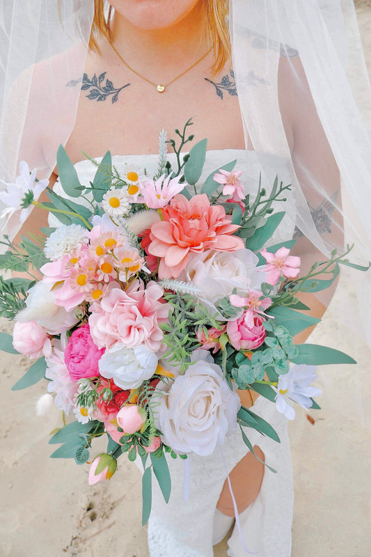 Wedding Wild Flower Bouquet Pink Bridal Dusty Rose Bouquet Bridesmaids White Pink Eucalyptus Fuchsia Spring Peony Artificial Flower Wild