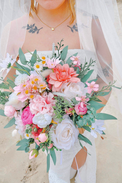 Wedding Wild Flower Bouquet Pink Bridal Dusty Rose Bouquet Bridesmaids White Viva Magenta Eucalyptus Fuchsia Spring Peony Artificial Flower