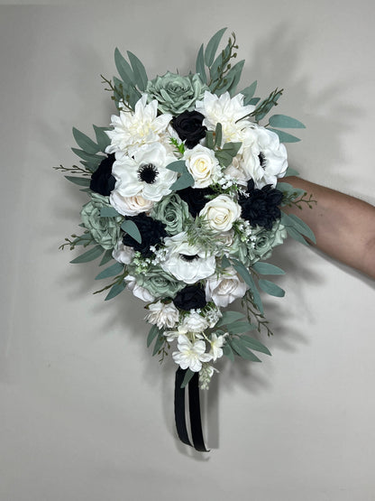 Dusty Sage Bouquet Bridal Cascade White Sage Green Bridesmaids Bouquet Anemone Ivory Black Green Cascading Bouquet Sage Artificial Flower