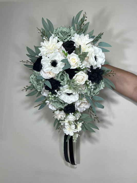 Dusty Sage Bouquet Bridal Cascade White Sage Green Bridesmaids Bouquet Anemone Ivory Black Green Cascading Bouquet Sage Artificial Flower