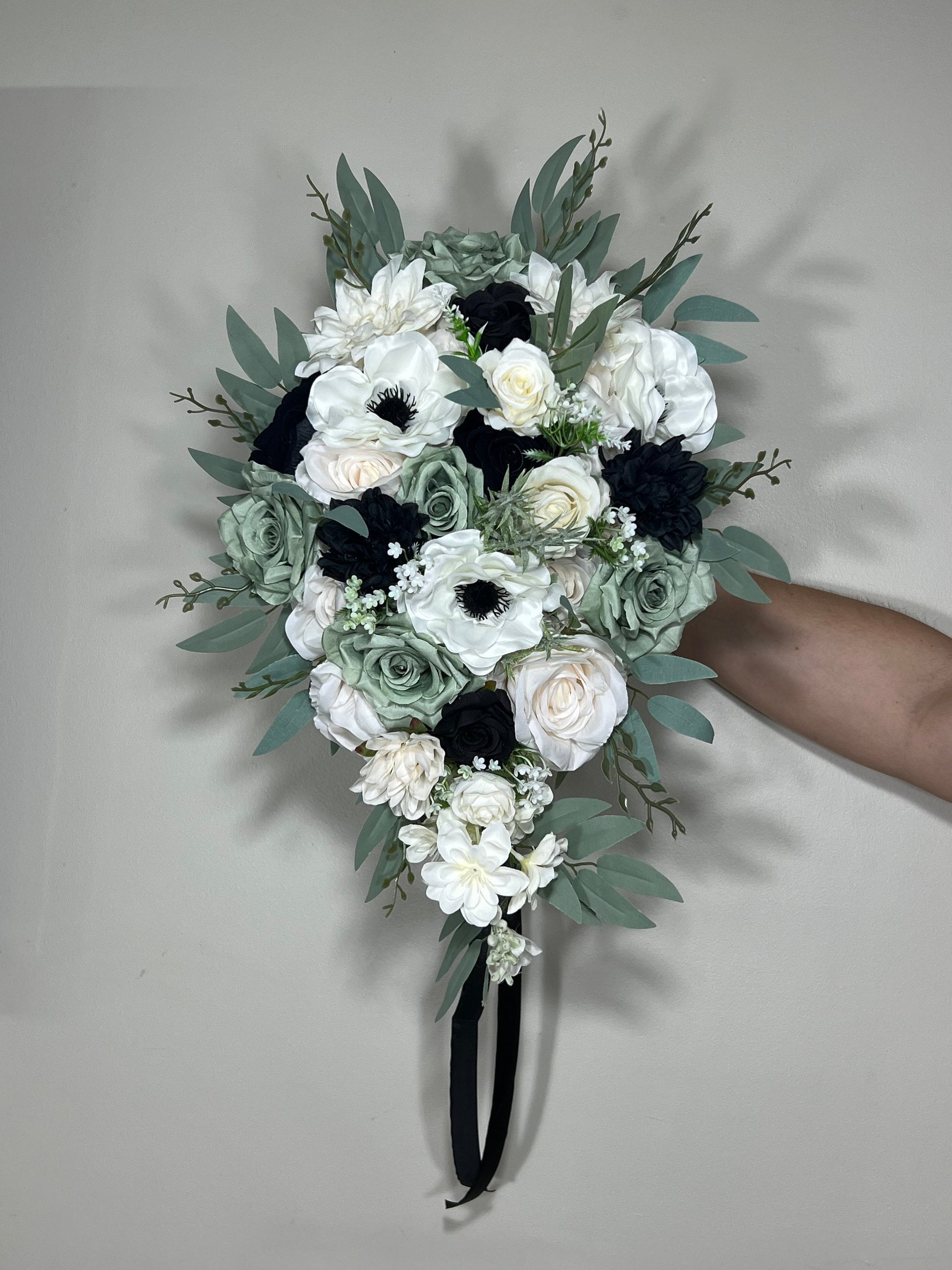 Dusty Sage Bouquet Bridal Cascade White Sage Green Bridesmaids Bouquet Anemone Ivory Black Green Cascading Bouquet Sage Artificial Flower