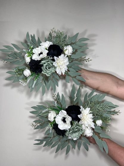 Sage Green Arch Arrangement White Anemone Arch Aisle Arrangement Ivory Decor Black Artificial Flowers Dusty Sage Green Eucalyptus Anemone