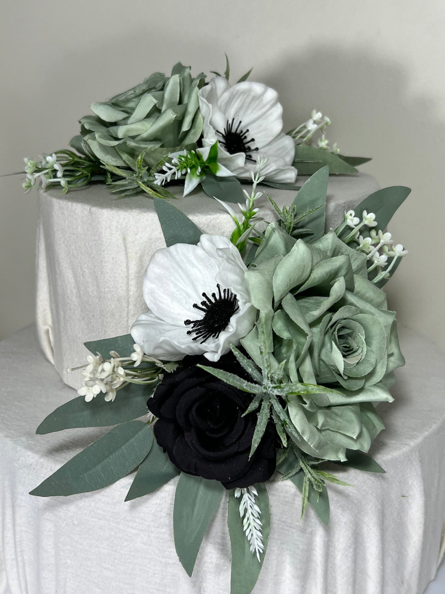 Dusty Sage Green Cake Decoration Black Wedding Topper Decor Flower Cake Arrangement Black Cake Decor White Anemone Artificial Flower Green