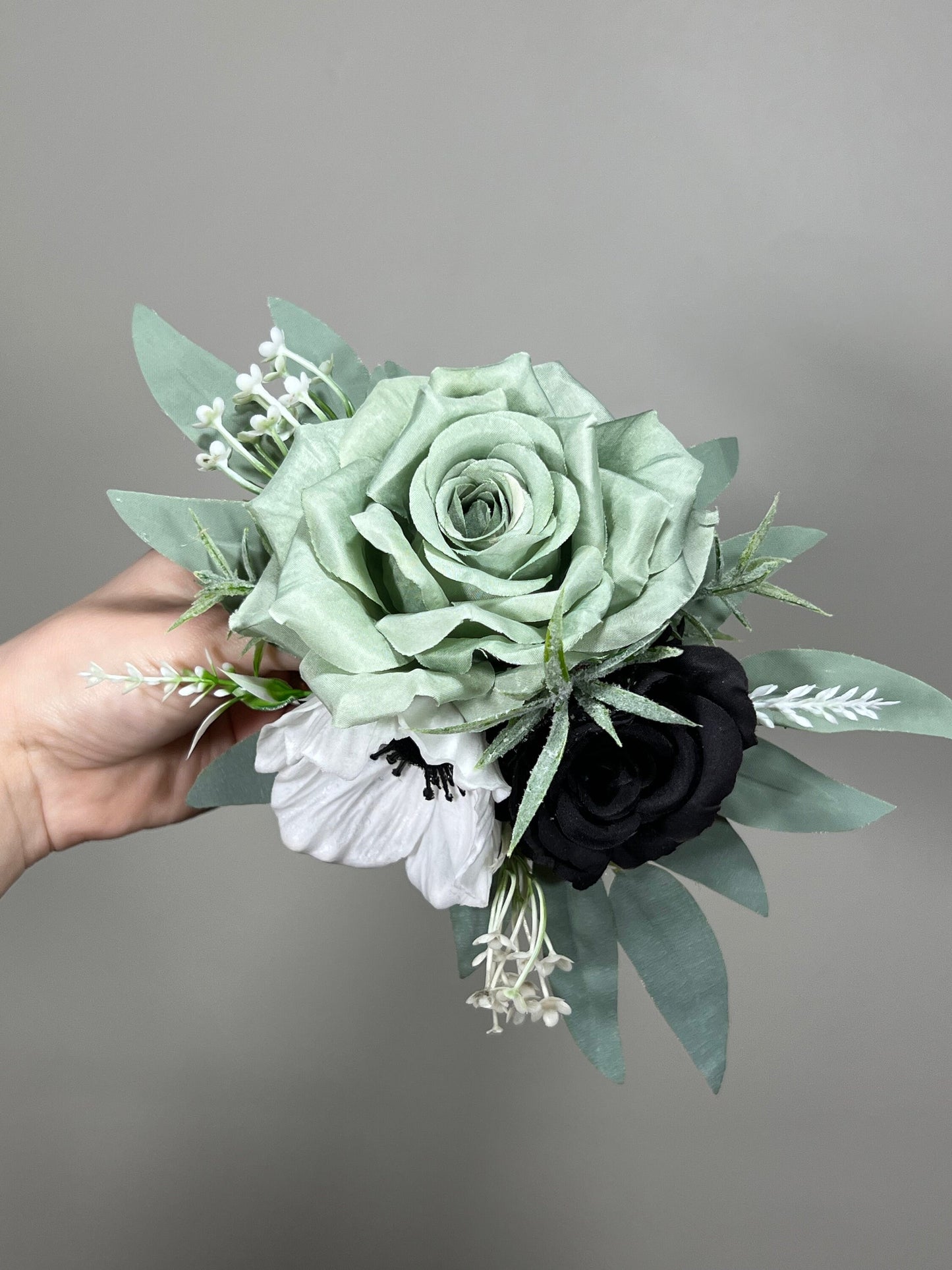 Dusty Sage Green Cake Decoration Black Wedding Topper Decor Flower Cake Arrangement Black Cake Decor White Anemone Artificial Flower Green