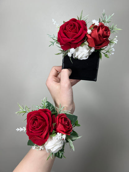 Red Corsage Wedding Corsage White Boutonnière Groom Red Square Groomsmen Pocket Boutonniere Christmas Winter Decor Artificial Flowers