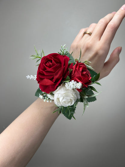 Red Corsage Wedding Corsage White Boutonnière Groom Red Square Groomsmen Pocket Boutonniere Christmas Winter Decor Artificial Flowers