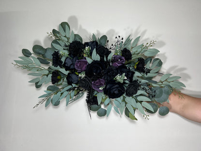 Black Arch Arrangement Wedding Purple Arch Aisle Arrangement Black Halloween Decor Gothic Black Artificial Flowers Eucalyptus Sage