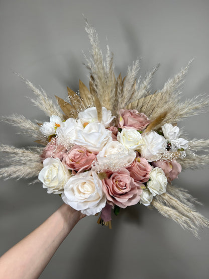 Wedding Dusty Rose Bouquet Boho Bridal White Dusty Rose Bouquet Pampas Grass Bridesmaids Bouquet Pink Palms Leaves Ivory Artificial Flower