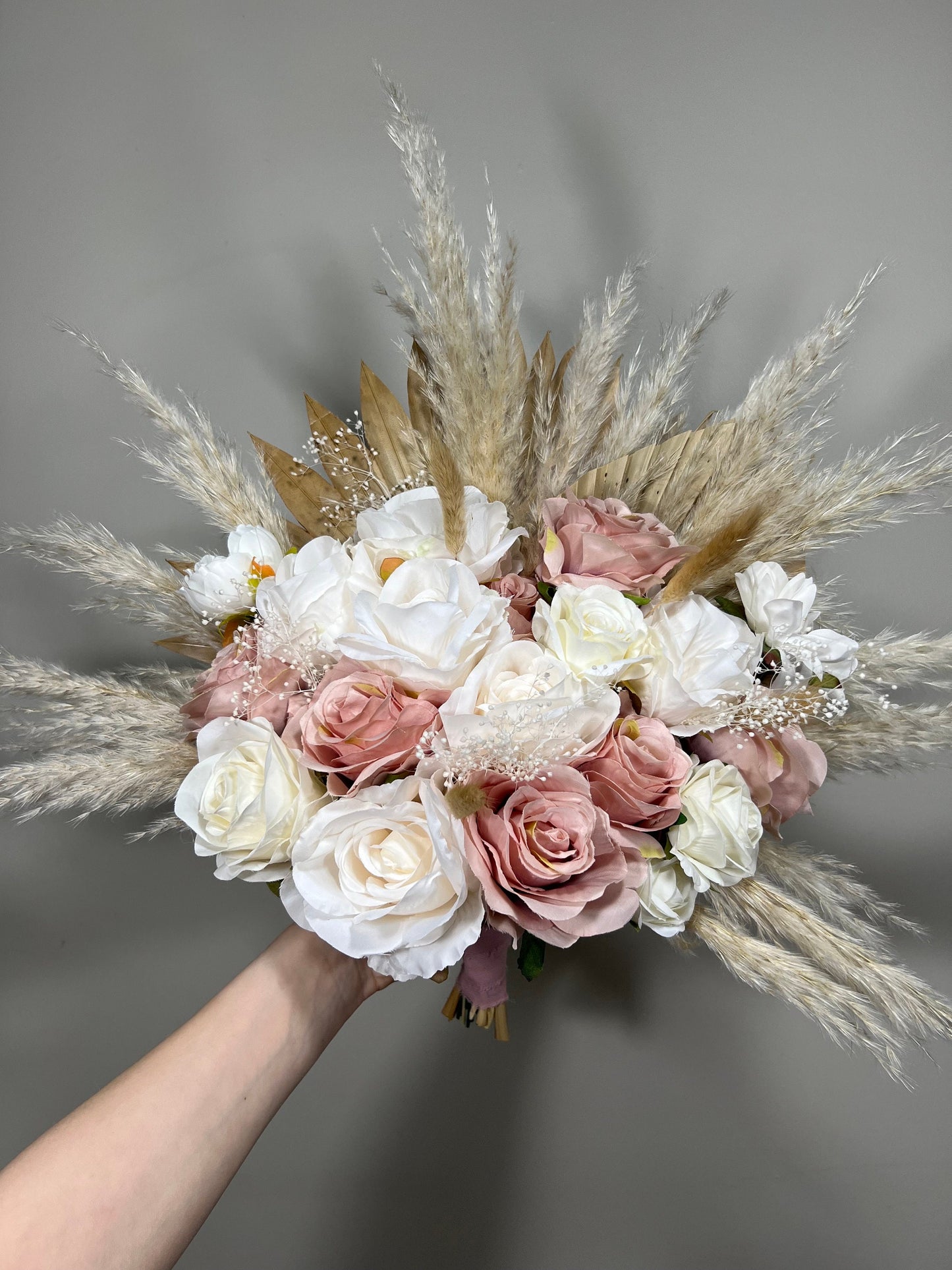 Wedding Dusty Rose Bouquet Boho Bridal White Dusty Rose Bouquet Pampas Grass Bridesmaids Bouquet Pink Palms Leaves Ivory Artificial Flower