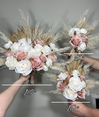Wedding Dusty Rose Bouquet Boho Bridal White Dusty Rose Bouquet Pampas Grass Bridesmaids Bouquet Pink Palms Leaves Ivory Artificial Flower