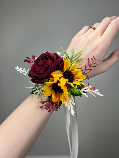 Sunflower Corsage Burgundy Wedding Boutonniere Subflower Corsage Mom Bridesmaids Corsage Boutonnière Groom Sunflower Fall Artificial Flower