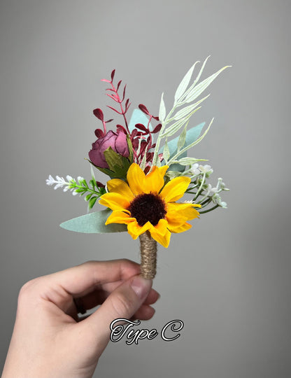 Sunflower Boutonniere Groom Boutonnières Burgundy Groomsmen Sunflower Burgundy Boutonnière Groom Fall Sunflower Rustic Artificial Flowers