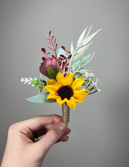 Sunflower Boutonniere Groom Boutonnières Burgundy Groomsmen Sunflower Burgundy Boutonnière Groom Fall Sunflower Rustic Artificial Flowers
