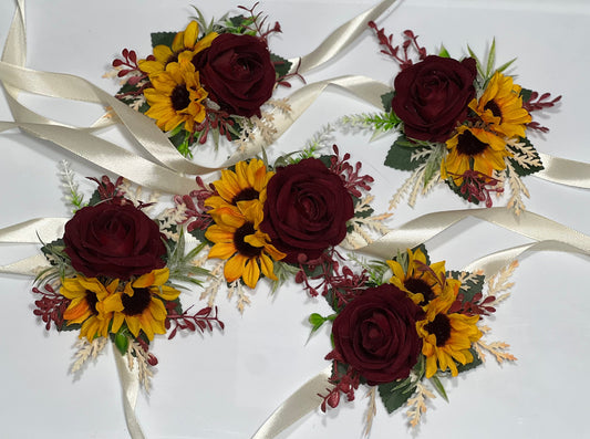 Sunflower Corsage Burgundy Wedding Boutonniere Subflower Corsage Mom Bridesmaids Corsage Boutonnière Groom Sunflower Fall Artificial Flower