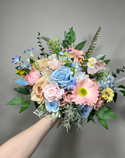 Wedding Bouquet Wild Flower Summer Pink Bridal White Spring Bouquet Pink Blush Blue Bridesmaids Bouquet Blue Wild Flower Artificial