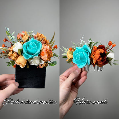 Wedding Bouquet Terracotta Turquoise Cascade Boho Bridal Rust Wedding Cascading Burnt Orange Cinnamon Decor Artificial Flower Fall