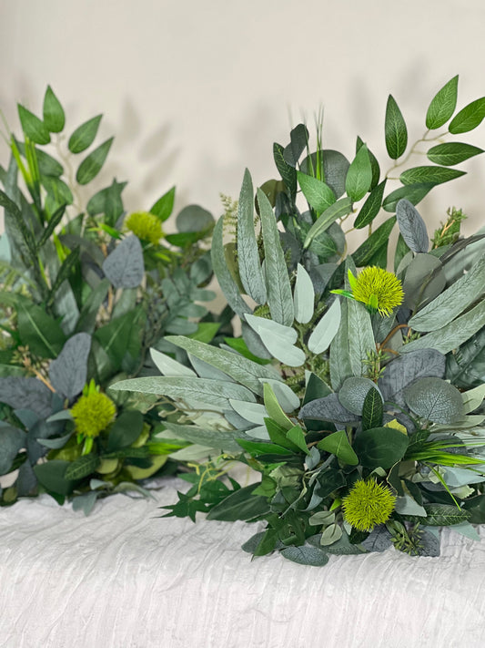 Wedding Aisle Marker Flower Floor Arrangement Barrel Décor Green Grass Greenery Ground Arch Eucalyptus Artificial Flower
