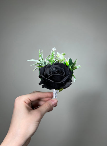 Black Boutonniere Wedding Groom Black Boutonnières Black Groomsmen Gothic Artificial Flowers Boutonnière Greenery Halloween Boutonniere