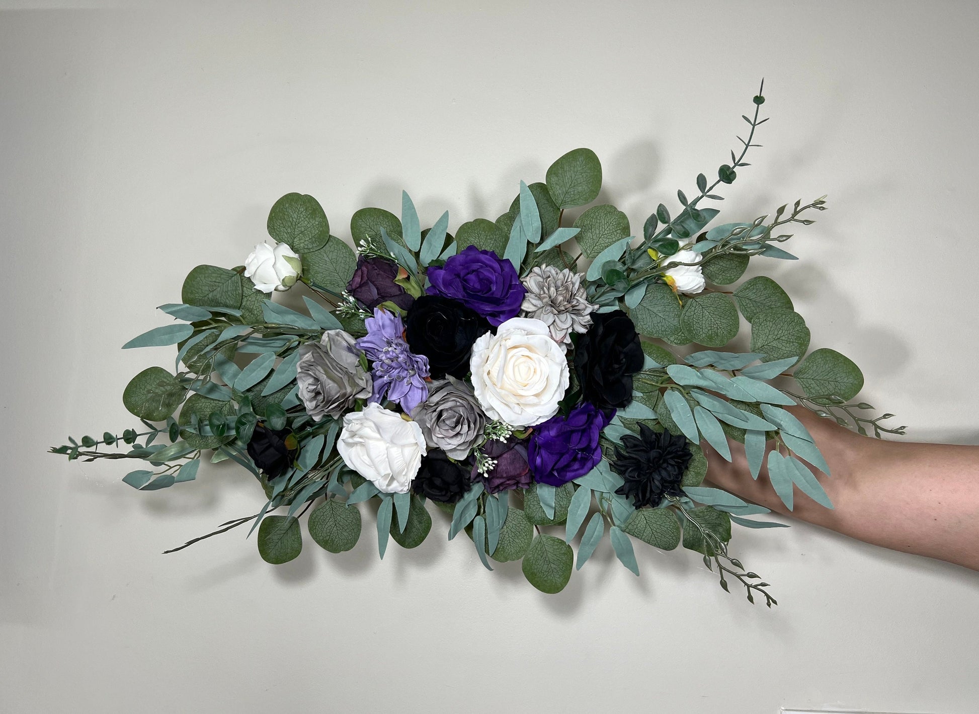 Black Arch Arrangement Wedding Purple Arch Aisle Arrangement Black Dark Purple Royal Gothic Black Artificial Flowers White Gray Eucalyptus
