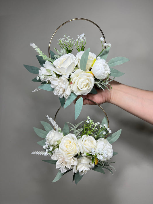 Wedding Hoop White Bridal Ivory Hoop Classic Bridesmaids Ring Wreath Flower Girl Hoop White Eucalyptus Artificial Flower Flower Hoop