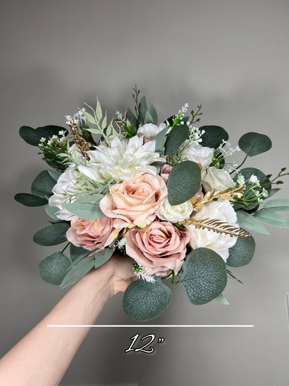 White Bouquet Bridesmaids Wedding Dusty Rose Blush Pink Gold Small Bridesmaids Petite Bouquet Flower Girl Artificial Flowers Eucalyptus Sage