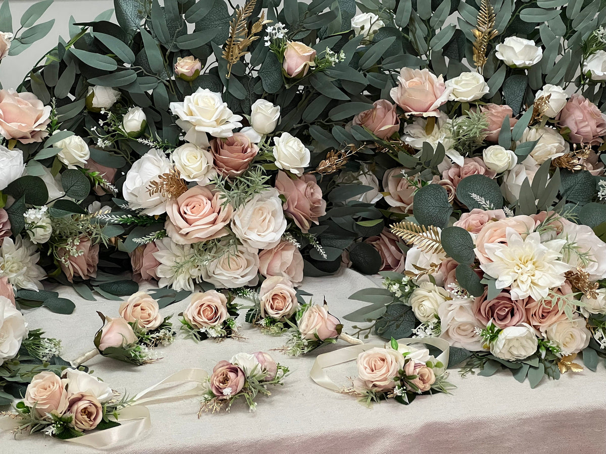 White Bouquet Bridesmaids Wedding Dusty Rose Blush Pink Gold Small Bridesmaids Petite Bouquet Flower Girl Artificial Flowers Eucalyptus Sage