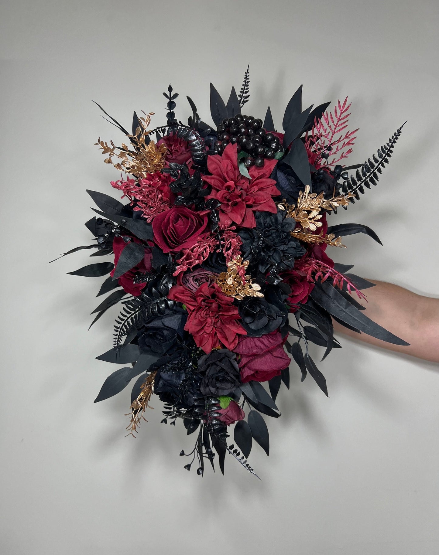 Black Bouquet Cascade Burgundy Bridal Gothic Halloween Cascading Bouquet Black Decor Burgundy Gold Artificial Flower Bridesmaids Black