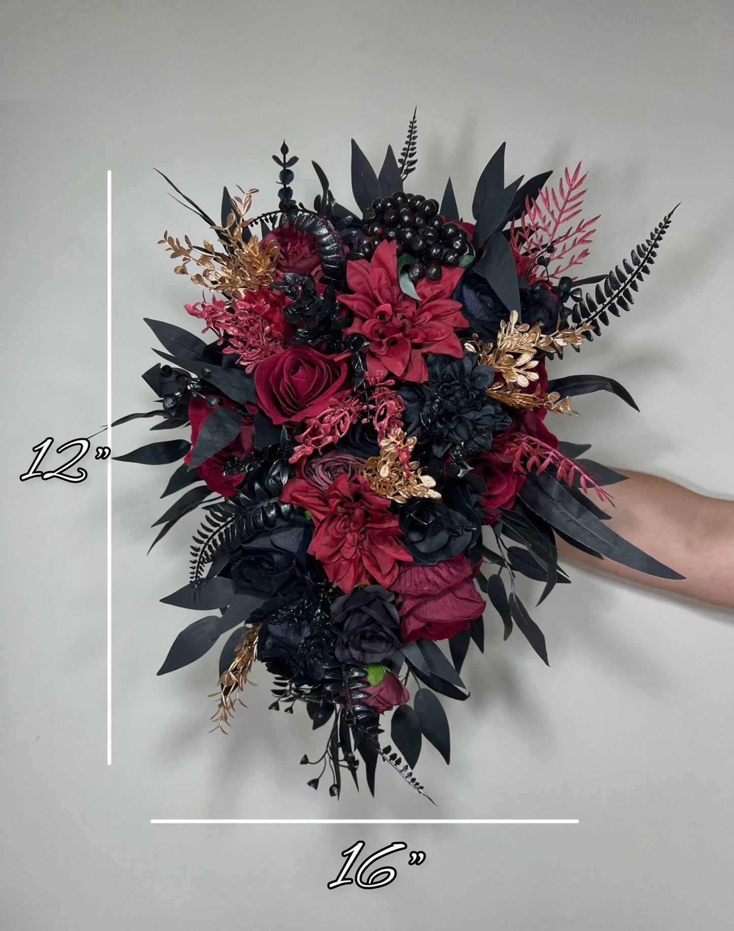 Black Bouquet Cascade Burgundy Bridal Gothic Halloween Cascading Bouquet Black Decor Burgundy Gold Artificial Flower Bridesmaids Black