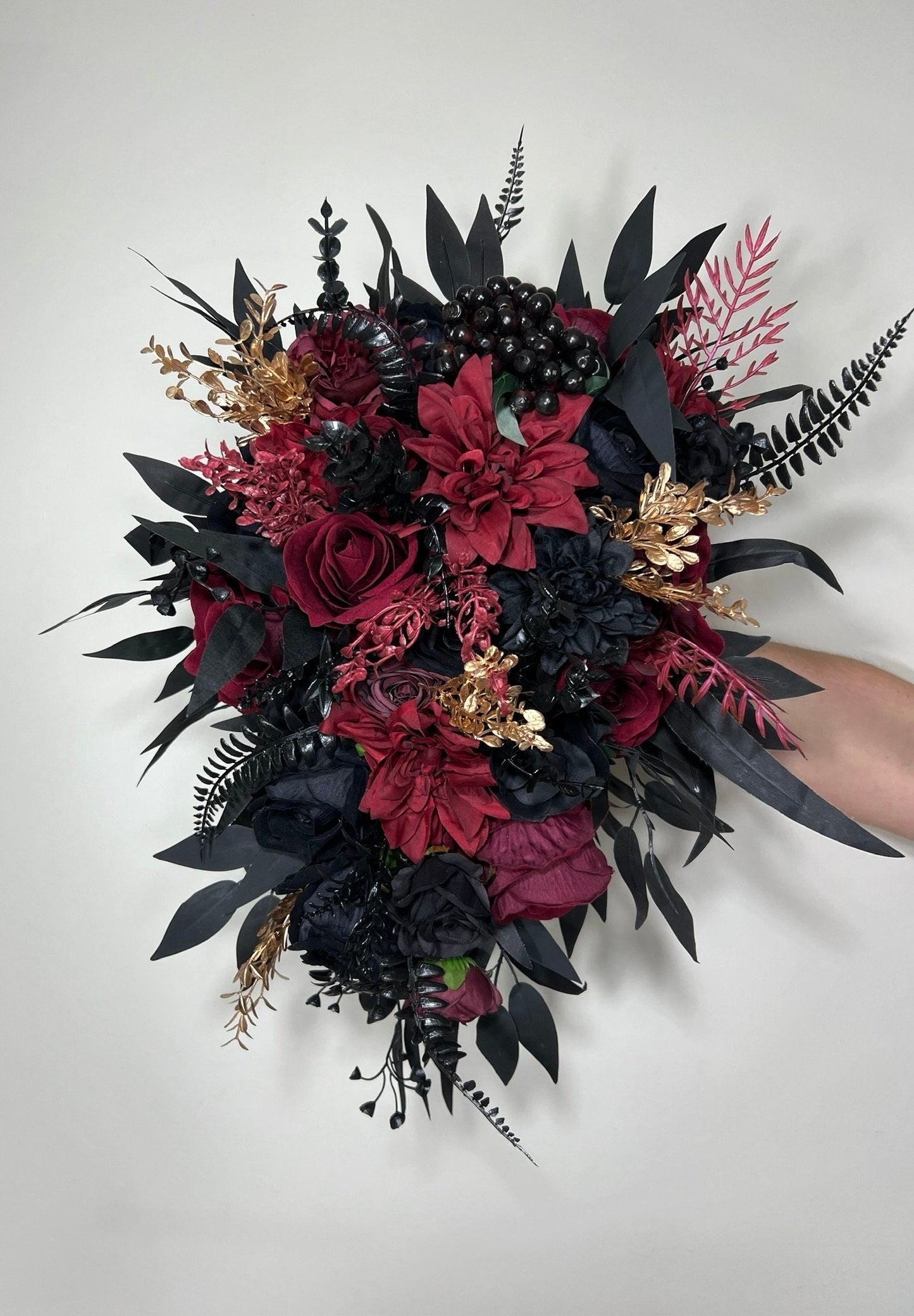 Black Bouquet Cascade Burgundy Bridal Gothic Halloween Cascading Bouquet Black Decor Burgundy Gold Artificial Flower Bridesmaids Black