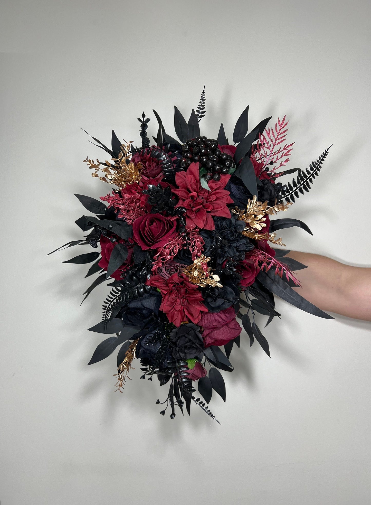 Black Bouquet Cascade Burgundy Bridal Gothic Halloween Cascading Bouquet Black Decor Burgundy Gold Artificial Flower Bridesmaids Black