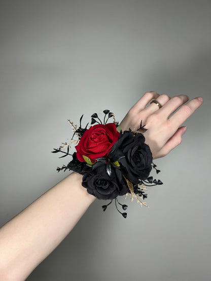 Black Corsage Red Wedding Gothic Wrist Corsage Bridesmaids Corsage Mom Black Corsage Red Gold Accessories Artiticial Flower