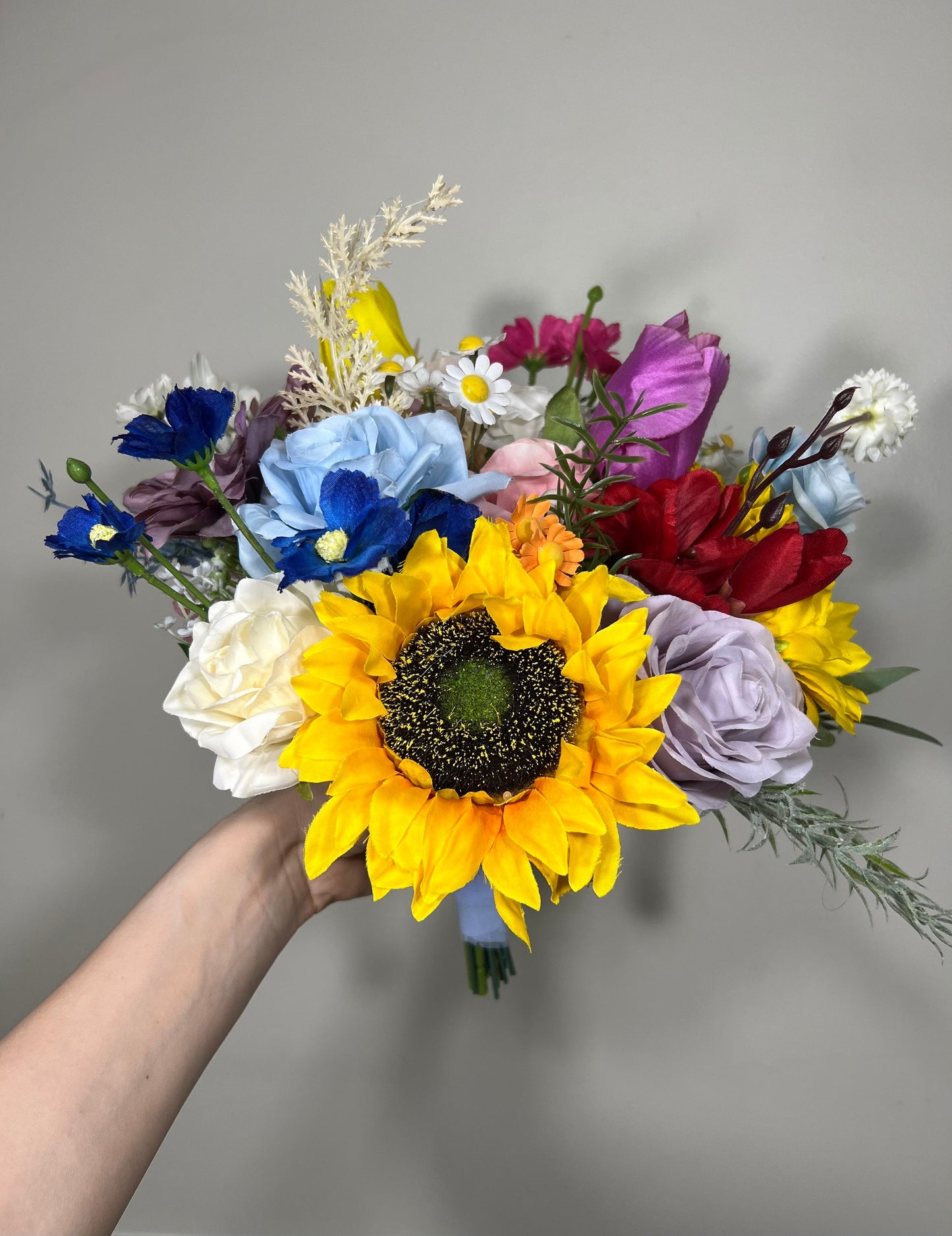 Colorful Bridal Bouquet Rainbow Wedding Bouquet Sunflower Bridesmaids Bouquet Cascading Wild Flower Purple Blue Artificial Flower