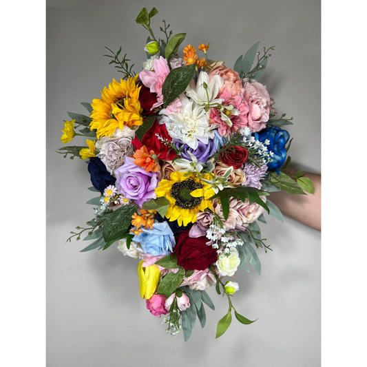 Colorful Bridal Bouquet Cascading Rainbow Wedding Bouquet Sunflower Bridesmaids Bouquet Cascading Wild Flower Multicolor Artificial Flower