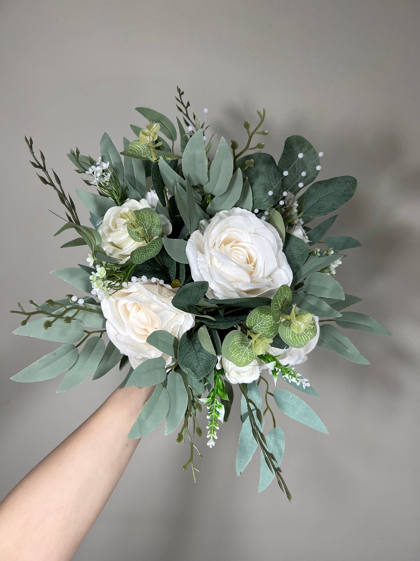 White Bouquet Bridal Wedding Pearls Bridesmaids Ivory Bouquet Greenery Eucalyptus White Artificial Flower