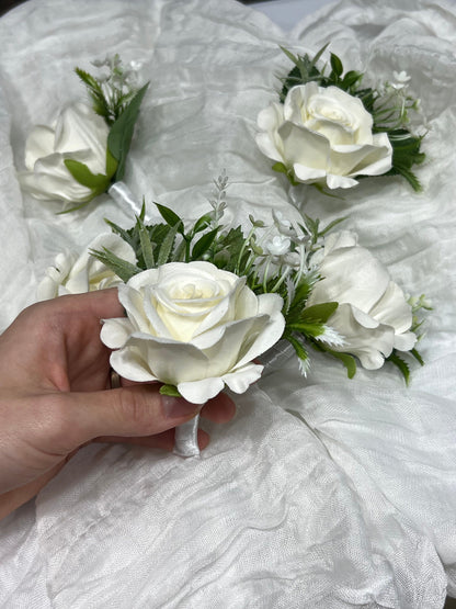 White Boutonniere Wedding Groom Groomsmen Boutonnière Ivory Wedding Artificial Flowers Eucalyptus Cream Rose Prom Boutonniere Off-White