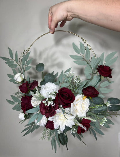 Floral Hoop Burgundy Wedding Bridal Hoop White Bridesmaids Ring Maroon Wreath Flower Girl Ivory Burgundy Artificial Flower White Hoop