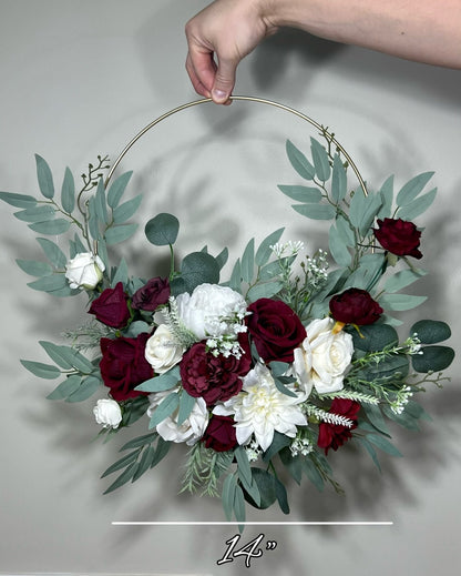 Floral Hoop Burgundy Wedding Bridal Hoop White Bridesmaids Ring Maroon Wreath Flower Girl Ivory Burgundy Artificial Flower White Hoop