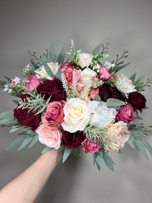 Pink Bouquet Bridal Wedding Burgundy Bouquet Blush Bridesmaids White Eucalyptus Fuchsia Hot Pink Artificial Flower