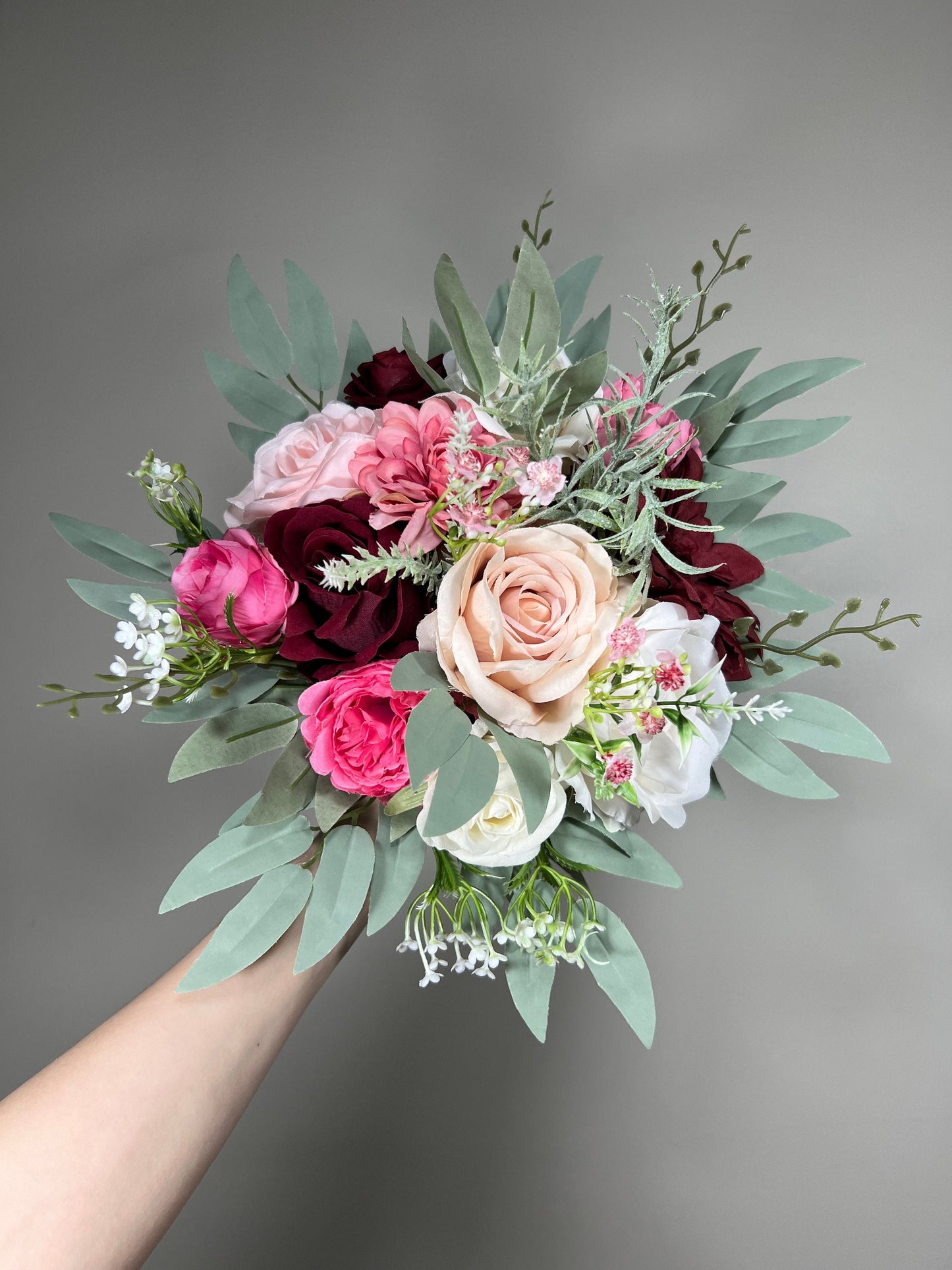 Pink Bouquet Bridal Wedding Burgundy Bouquet Blush Bridesmaids White Eucalyptus Fuchsia Hot Pink Artificial Flower