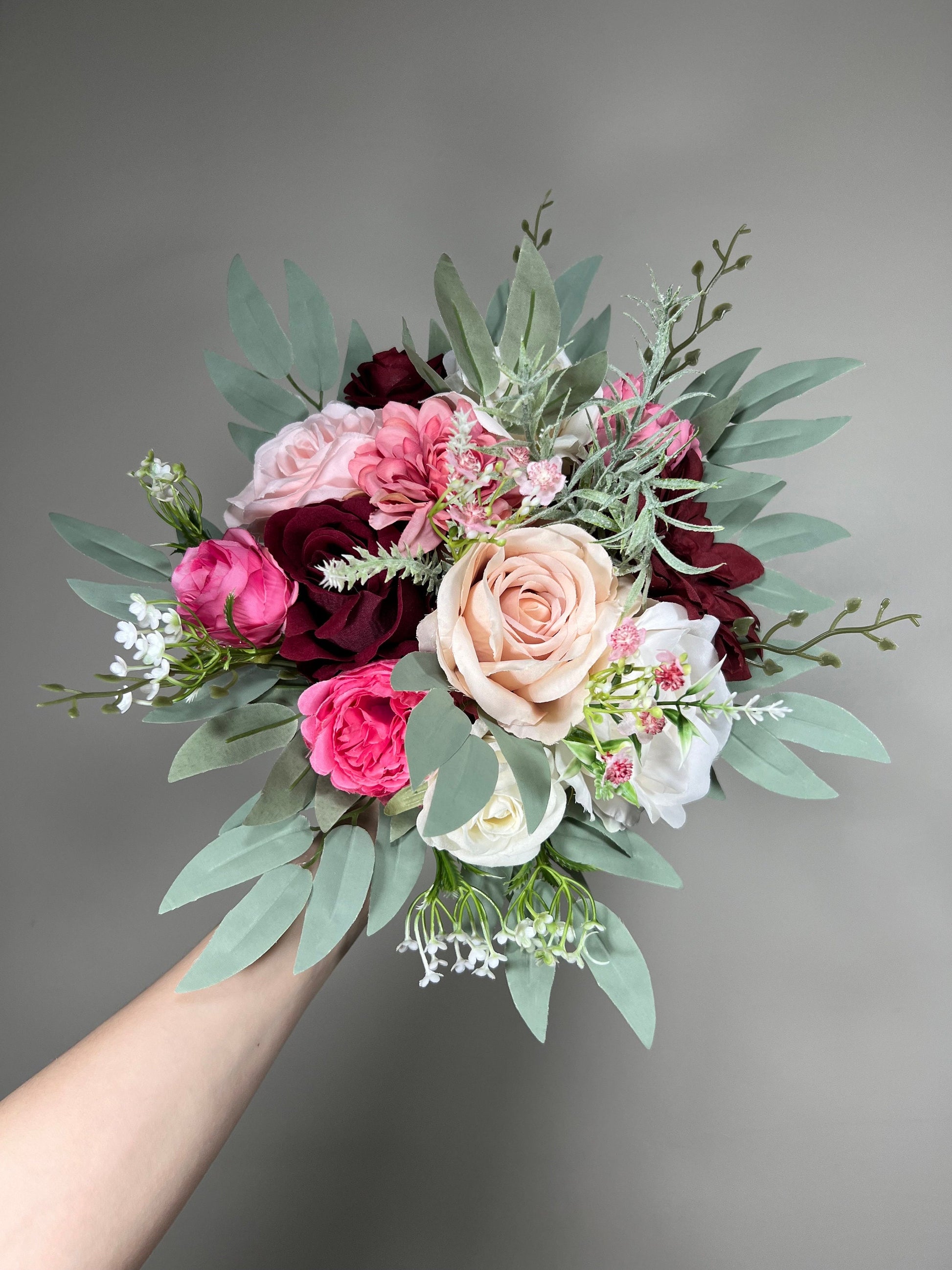 Pink Bouquet Bridal Wedding Burgundy Bouquet Blush Bridesmaids White Eucalyptus Fuchsia Hot Pink Artificial Flower